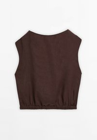 Brown sleeveless crop top with a relaxed fit, made of textured fabric, featuring a gathered waistband and a rounded neckline.