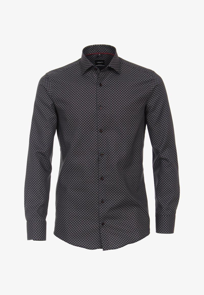 Chemise noire pour hommes à manches longues avec un petit motif géométrique circulaire blanc et un col droit.