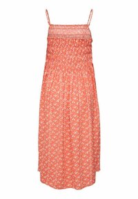 Koralinė suknelė su gėlių raštu, turinti plonas petnešas ir raukšlėtą liemenį. Plačios, kelių ilgio suknelės siluetas iš lengvo audinio su subtiliomis baltomis gėlėmis.