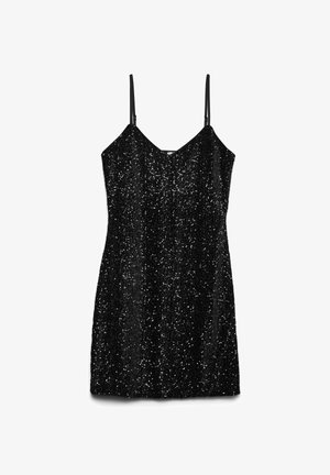 Vestido negro de lentejuelas con finas tirantes ajustables, escote en V, silueta ajustada y superficie texturizada creada por las brillantes lentejuelas.