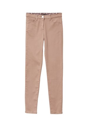 Hautenge Jeans in hellbeigem Denim, mit fünf Taschen, einem Reißverschluss vorne und einem subtilen Glanz. Die Nähte sind tonal und es gibt minimalen Schmuck.