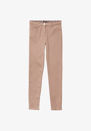 Hautenge Jeans in hellbeigem Denim, mit fünf Taschen, einem Reißverschluss vorne und einem subtilen Glanz. Die Nähte sind tonal und es gibt minimalen Schmuck.