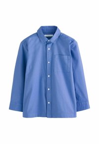 Camicia a maniche lunghe blu in cotone, con collare a punta, tasca frontale e chiusura a bottoni lungo la pattina.