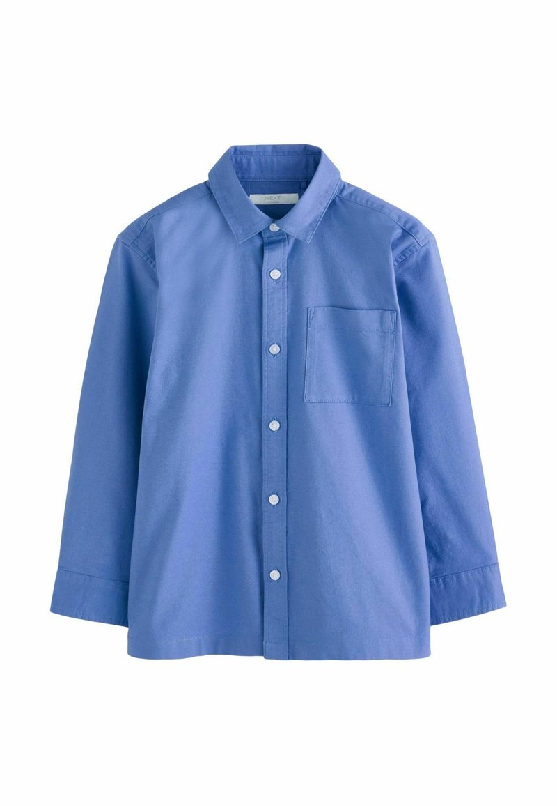 Camicia a maniche lunghe blu in cotone, con collare a punta, tasca frontale e chiusura a bottoni lungo la pattina.