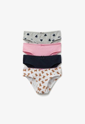 Cuatro braguitas de algodón para niñas apiladas: gris con corazones azules marino, rosa sólido, azul marino sólido, blanco con ositos de peluche marrones.