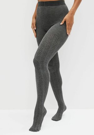 Graue Rippstrumpfhosen mit einem Kabelstrickmuster, hohem Bund und einer strukturierten Oberfläche, geeignet für die Freizeit.