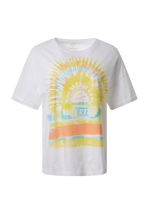 White short-sleeve T-shirt with colorful sunburst design and the word "Libertad" in light blue, orange, and yellow tones on the front.