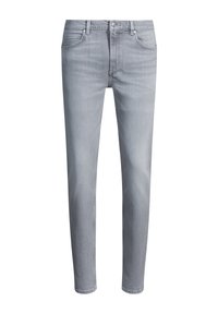 Vaqueros de denim gris claro ajustados para hombre con botón frontal, passantes para cinturón y diseño de cinco bolsillos.