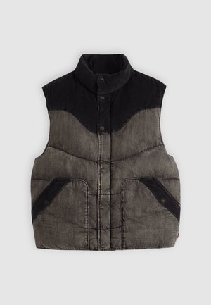 Padded sleeveless vest in gray and black with a high collar, decorated stitching, and two buttoned front pockets. Textured fabric.