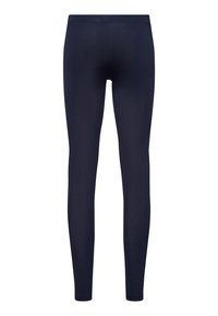 Leggings bleu marine en tissu extensible, présentant une texture lisse et une taille haute sans coutures ni embellissements visibles.