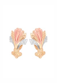 Gold- und Silber-Ohrringe zum Clippen mit floralem Design, das strukturierte Blütenblätter und Schwünge sowie eine polierte Oberfläche aufweist.