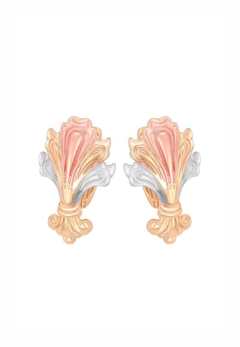 Gold- und Silber-Ohrringe zum Clippen mit floralem Design, das strukturierte Blütenblätter und Schwünge sowie eine polierte Oberfläche aufweist.