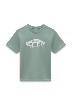 Lysegrøn T-shirt med korte ærmer med Vans "Off The Wall" logo i hvid formet som et skateboard på brystet.
