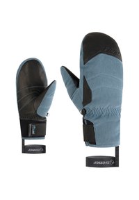 Blaue und schwarze Handschuhe aus strukturiertem Material, mit verstärkten Handflächen und elastischen Bündchen. Mit Riemen für einen sicheren Sitz. Verstellbare Handgelenkriemen sind enthalten.