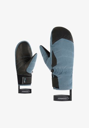 Blaue und schwarze Handschuhe aus strukturiertem Material, mit verstärkten Handflächen und elastischen Bündchen. Mit Riemen für einen sicheren Sitz. Verstellbare Handgelenkriemen sind enthalten.