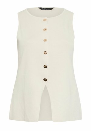 Kermapintainen hihaton neulepaita, jossa on kuusi kultanappia edessä, etumainen halkiohelma, pyöreä pääntie ja hienovarainen ribbineulos.