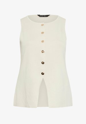 Cremefarbener, ärmelloser Stricktop mit sechs goldenen Knöpfen vorne, vorne mit Schlitz, rundem Ausschnitt und dezent gerippter Struktur.