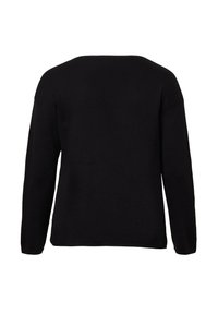 Schwarzer Pullover mit langen Ärmeln, weiter U-Boot-Ausschnitt und geradem Saum, Rückansicht vor weißem Hintergrund.
