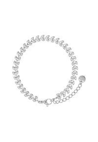 Bracciale in argento con un design di foglie intrecciate, completo di chiusura a moschettone e catena regolabile per variazioni di misura.
