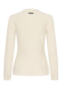Maglione a maniche lunghe di colore crema, lavorato a maglia, con orlo e polsini a coste. Presenta un'etichetta sulla parte posteriore del collo. Texture liscia, forma aderente.