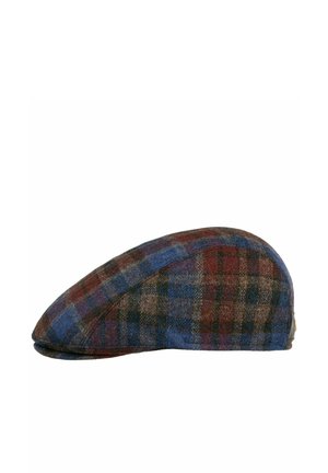 Schiebermütze aus blauem, rotem und braunem kariertem Wollstoff, mit rundlicher Form und kleinem Schirm vorne.