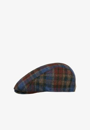Schiebermütze aus blauem, rotem und braunem kariertem Wollstoff, mit rundlicher Form und kleinem Schirm vorne.