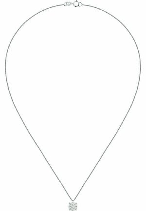 Silberne Halskette mit einer dünnen Kette und einem quadratischen Anhänger, der mehrere klare Edelsteine enthält, die das Licht mit einem funkelnden Effekt reflektieren.