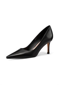 Scarpa nera in pelle con tacco alto, punta affusolata e design elegante. Caratterizzata da un tacco sottile e una superficie liscia. Accentuata da uno stile minimalista.