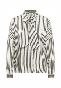 Blusa a rayas en beige y azul marino, con lazo en el cuello, cierre de botones en la parte delantera y mangas holgadas. Tejido texturizado.