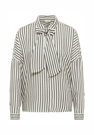 Beige- ja mereväe triibuline pluus kikilipsuga krael, nööbitava esiosa ja lahtiste varrukatega. Tekstureeritud kangas.