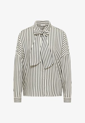 Beige- ja mereväe triibuline pluus kikilipsuga krael, nööbitava esiosa ja lahtiste varrukatega. Tekstureeritud kangas.