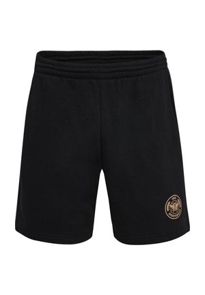 Zwarte katoenen shorts met een gouden logo patch op de voorkant, voorzien van een elastische tailleband en een eenvoudig, ontspannen pasvorm ontwerp.