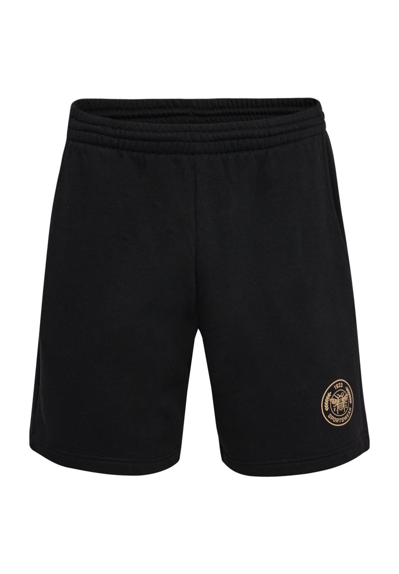 Zwarte katoenen shorts met een gouden logo patch op de voorkant, voorzien van een elastische tailleband en een eenvoudig, ontspannen pasvorm ontwerp.