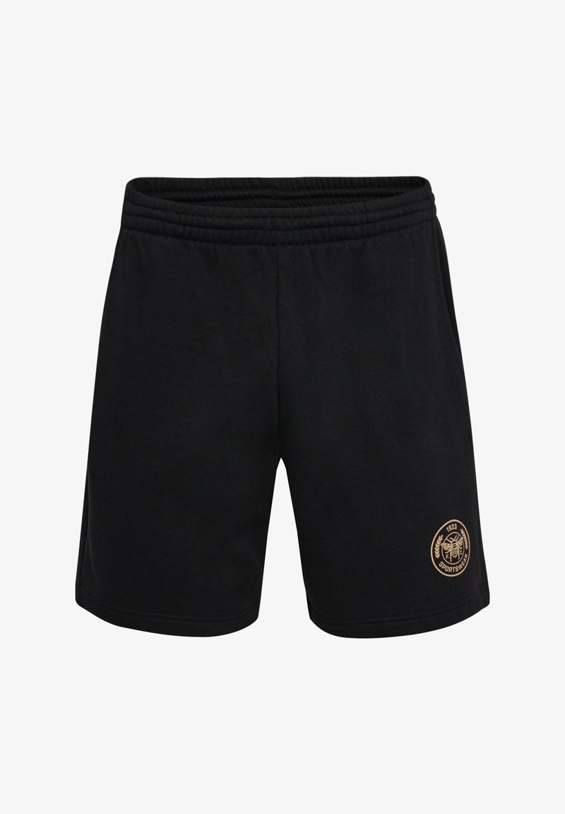 Zwarte katoenen shorts met een gouden logo patch op de voorkant, voorzien van een elastische tailleband en een eenvoudig, ontspannen pasvorm ontwerp.