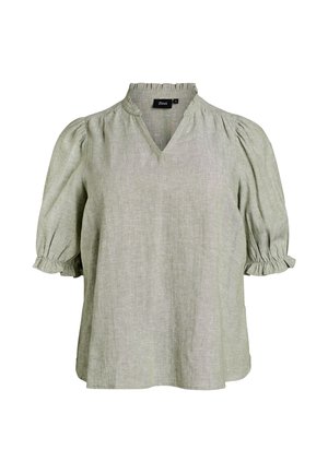 Hele roheline linane pluus lühikeste läikivate varrukatega, kummi kogutud mansettidega ja väikese volangidega kraega, millel on V-kaelus.