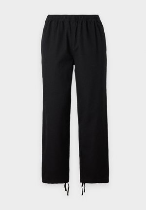 Black elastic waist pants with a relaxed fit, featuring drawstring hems and a smooth, soft texture, suitable for casual wear.
