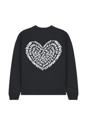 Sweatshirt noir avec un grand cœur blanc composé de différentes lettres et symboles. Poignets et ourlet côtelés visibles.