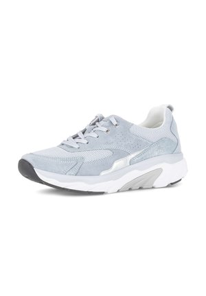 Light gray athletic sneaker with mesh and suede panels, lace-up front, thick white sole, and black toe cap on a white background.