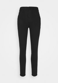 Jeans skinny negros de cintura alta hechos de denim, con cierre de botón y aperturas de pierna estrechas. Textura suave con un color sólido.