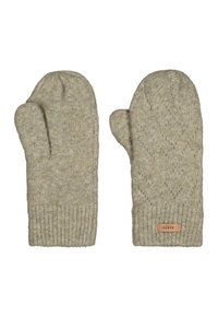 Moufles en laine beige avec un motif texturé et des poignets côtelés. Une petite étiquette en cuir est attachée à une des moufles.