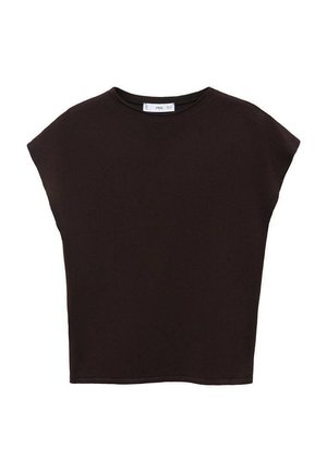 Black, short-sleeve top made of soft fabric with a relaxed, boxy shape and a ribbed neckline. No visible patterns or additional details.
