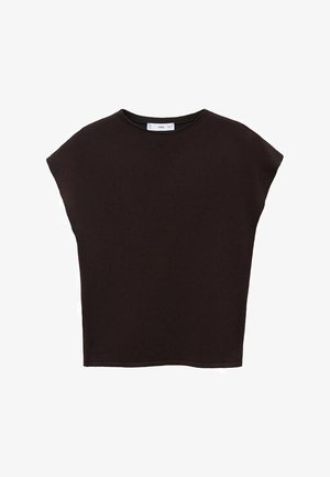 Black, short-sleeve top made of soft fabric with a relaxed, boxy shape and a ribbed neckline. No visible patterns or additional details.
