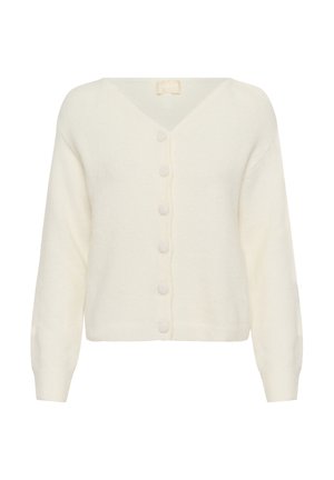 Cremefarbener Cardigan mit V-Ausschnitt, hergestellt aus weichem, strukturiertem Material, mit sechs runden Knöpfen vorne und leicht gepufften Ärmeln.