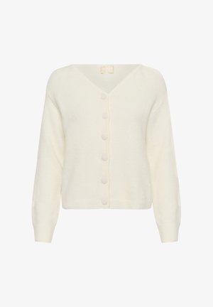 Kermanvalkoinen neuletakki V-pääntiellä, valmistettu pehmeästä, teksturoidusta materiaalista. Edessä kuusi pyöreää nappia ja hieman puffitetut hihat.