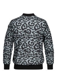 Sweter z długim rękawem w czarno-szary wzór w panterkę, z czarnym prążkowanym kołnierzem, mankietami i dolnym brzegu, pokazany od tyłu.