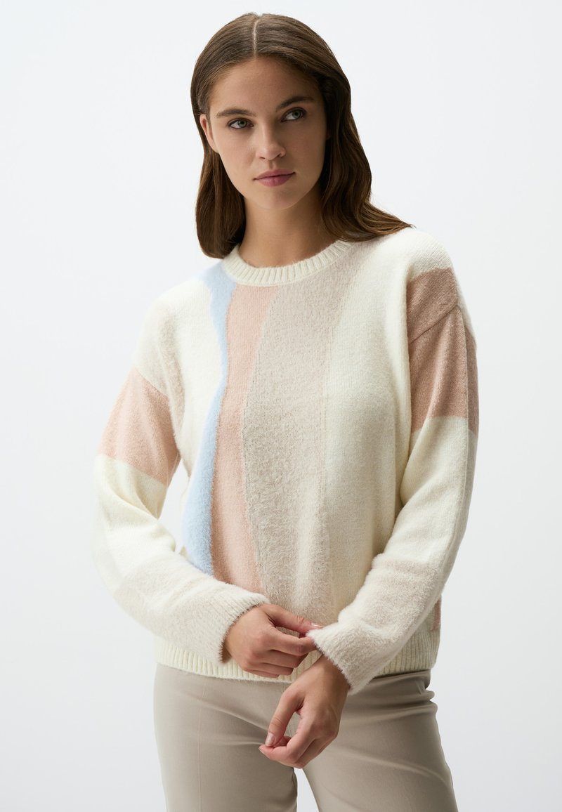 Maglione a maglia con texture in crema, rosa pallido e azzurro chiaro. Collo rotondo, maniche lunghe e polsini aderenti.