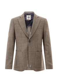 Brauner strukturierter Blazer mit Zwei-Knopf-Verschluss, Revers mit Kerbkragen und zwei aufgesetzten Fronttaschen. Gefüttert mit einem kontrastierenden Innenfutter.