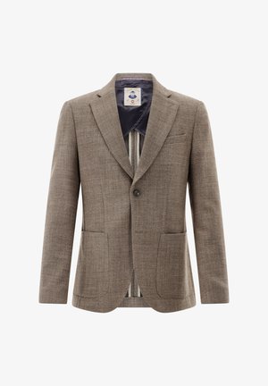Brown textured blazer with a two-button closure, notch lapels, and two front patch pockets. Lined with a contrasting interior design.