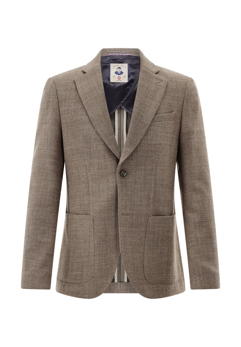 Brauner strukturierter Blazer mit Zwei-Knopf-Verschluss, Revers mit Kerbkragen und zwei aufgesetzten Fronttaschen. Gefüttert mit einem kontrastierenden Innenfutter.