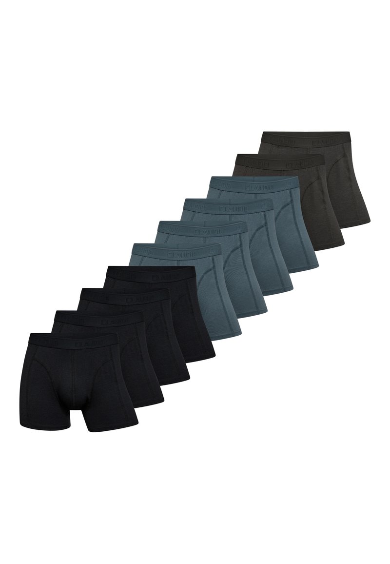 Herre boxerbrief sæt bestående af ni dele i sort, mørkegrå og teal. Blødt stof, elastiske taljer med branding, tætsiddende pasform.